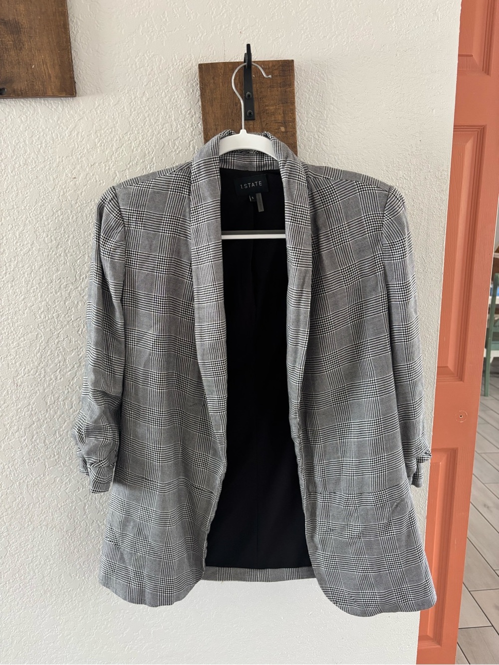 1.STATE Gray Glen Plaid Open-Front Blazer